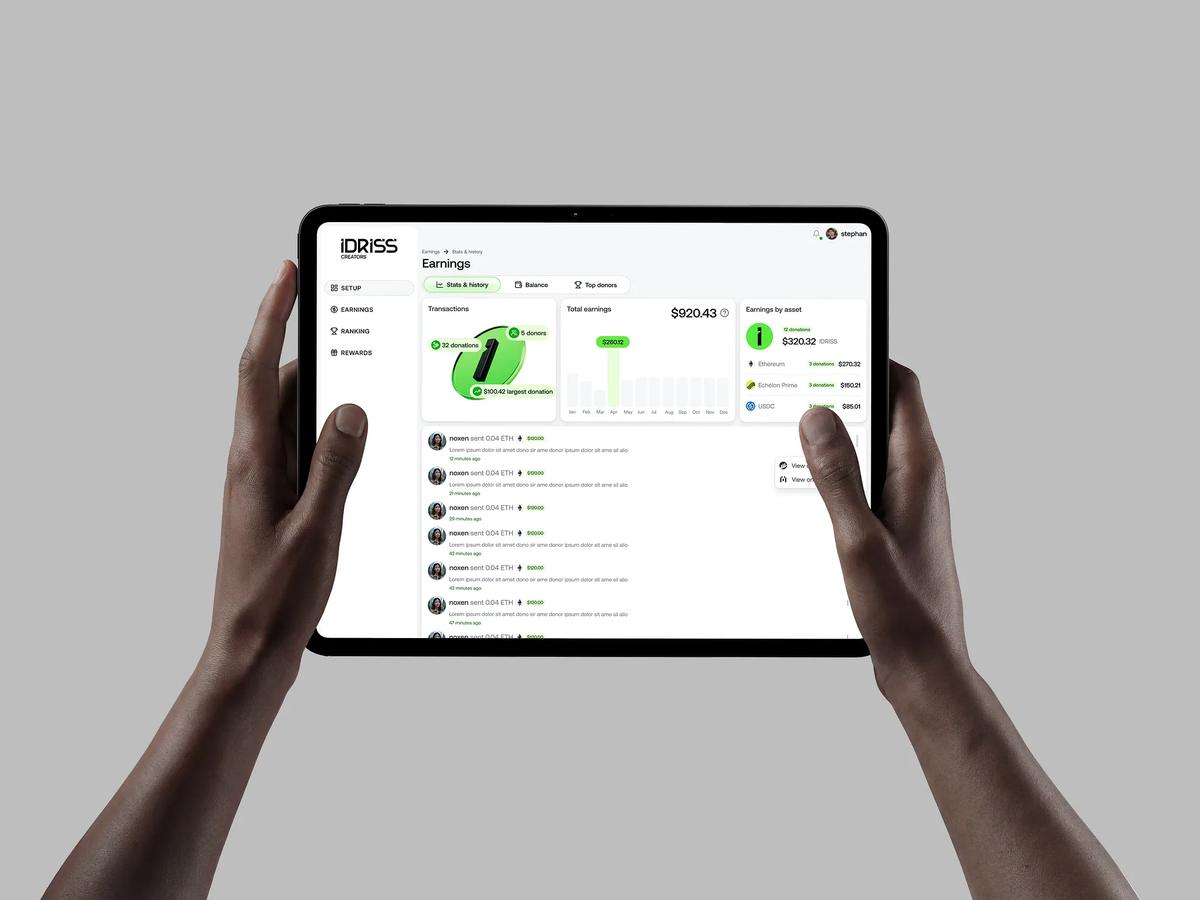 IDRISS creator earnings dashboard on a tablet